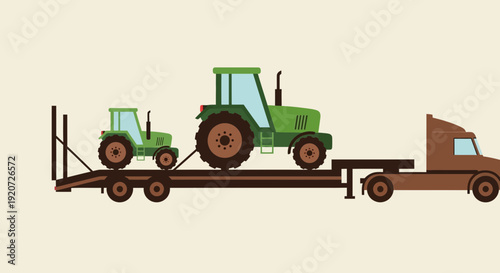 Illustration Of A Truck Transporting Two Green Tractors On A Flatbed Trailer