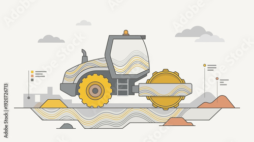 Illustrative Construction Roller Working On Road Surface Development