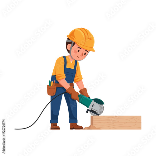 Builder using angle grinder for cutting work on construction site, vector illustration