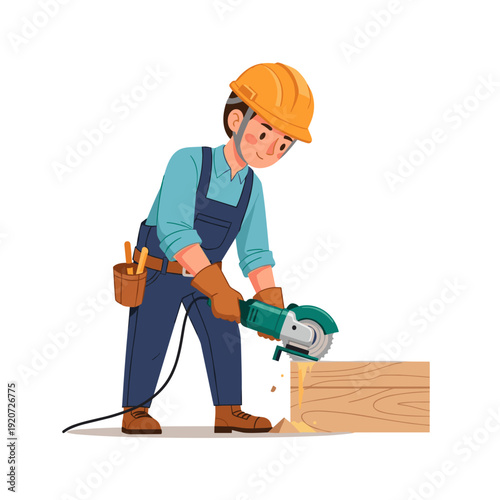 Construction worker cutting metal with an angle grinder, safety equipment, vector 