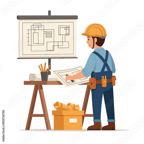 Construction worker checking plan dimensions and measurements on blueprint