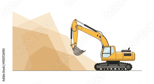 Illustrative Yellow Excavator Machine Performing Earthmoving Operations Isolated