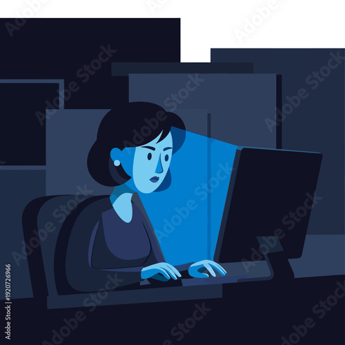 Woman Working Late on Computer.