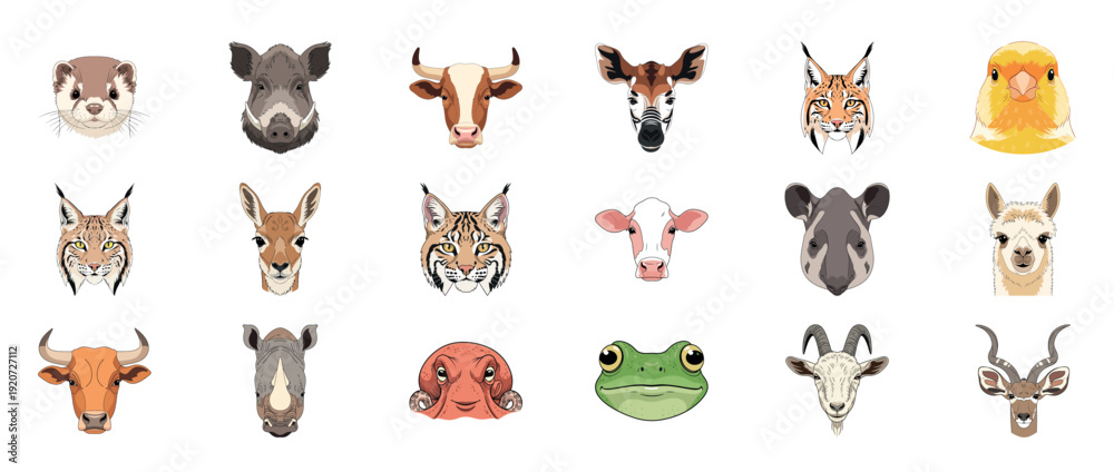 Obraz premium Collection of diverse animal faces including cow, frog, and giraffe