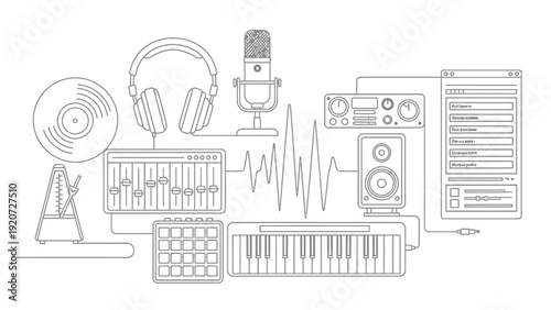 Outline illustration of music production studio equipment and sound wave.