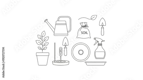 Gardening tools and plant care supplies line art icons set.