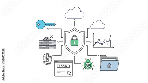 Cybersecurity concept illustration with shield, padlock, cloud, and data protection icons.