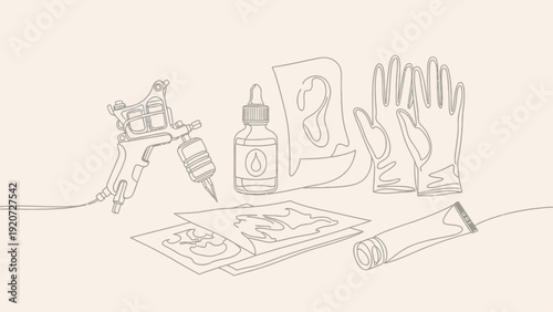 Tattoo studio equipment and professional supplies in minimalist line art.