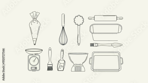 Line drawing of baking utensils and kitchen tools on a light background.