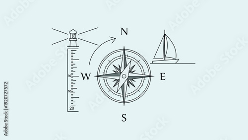 Nautical elements: compass, sailboat, and lighthouse with directional arrows.