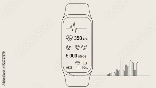 Fitness tracker displaying steps, calories, and sleep data with a graph.