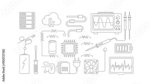 Electronic components and devices in a linear style.