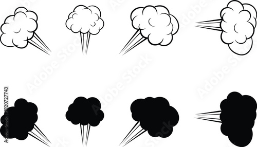 Set of comic speed smoke effects, cartoon steam clouds and dust trail bubbles, black and white explosion motion symbols