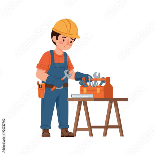 Builder placing tools into toolbox on work table