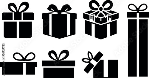 Collection of black and white gift box icons with ribbons