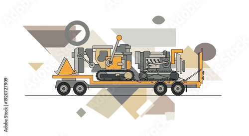 Industrial Construction Machinery Transported On Flatbed Truck
