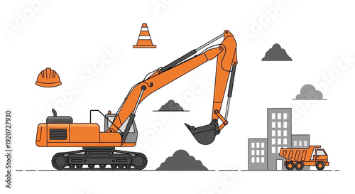 Industrial Construction Site Scene With Excavator And Dump Truck