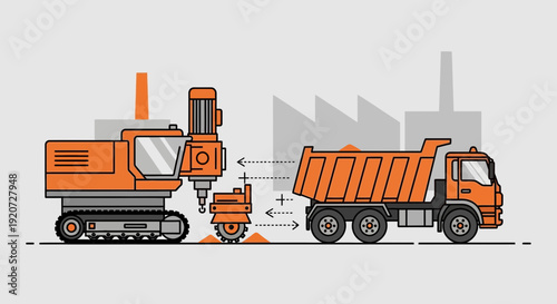 Industrial Construction Site With Excavator And Dump Truck Illustration