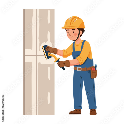 Builder smoothing drywall joints with sanding tool indoors