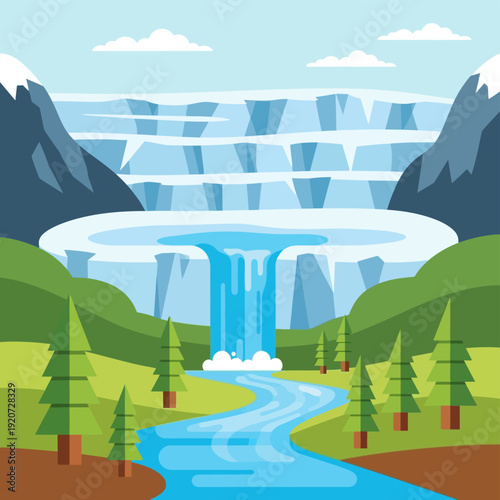 Waterfall Landscape with River and Trees.