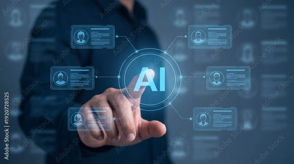 Fototapeta premium Businessman interacts with glowing artificial intelligence interface managing digital profiles for human resources automation and selection