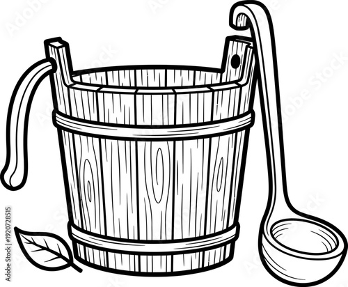 Wooden bucket and ladle illustration