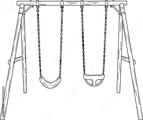 A detailed drawing of a swing set with two swings