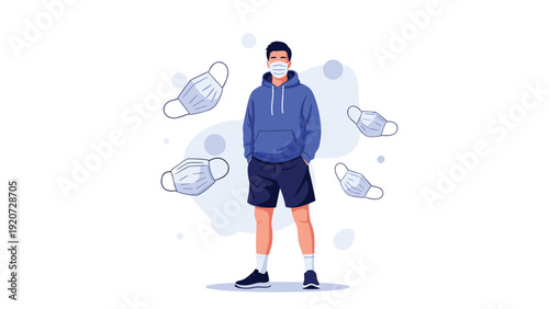 Modern man wearing a protective face mask while surrounded by multiple floating medical masks against a clean white background.