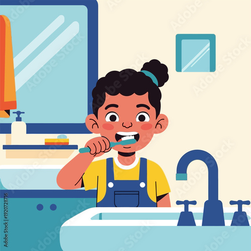 Young Girl Brushing Teeth Bathroom.