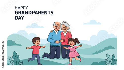 Loving grandparents enjoying a sunny day outdoors with their two grandchildren in a park for a happy grandparents day celebration.