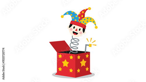 Classic jack in the box toy featuring a smiling clown jumping out of a red gift box decorated with bright yellow stars on a spring.