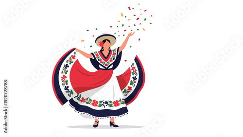 Traditional Mexican dancer wearing a colorful ruffled dress and straw hat performing while festive confetti falls from above.
