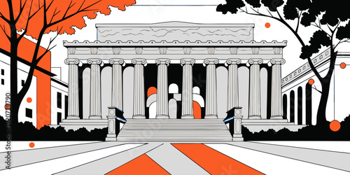 Neoclassical Landmark Poster | Washington DC Monument Illustration | Black White Orange Modern Vector Art | USA US U.S United States Architecture Decor Print