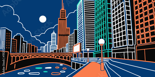 USA, US, U.S, United States - Vibrant Night Cityscape Poster – Bold Geometric Downtown Art with River, Bridge, Skyscrapers & Modern Urban Illustration Design
