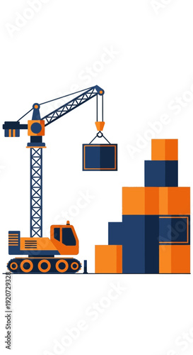 Industrial Crane Lifting Cargo At Construction Site For Building