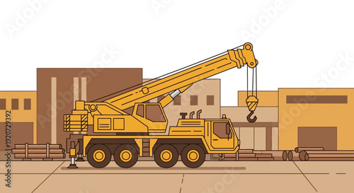 Industrial Crane Lifting Heavy Materials At Construction Site Flat Design