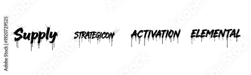 Dripping graffiti style text on white background with words supply strategicon activation elemental