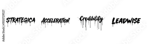 Dripping graffiti text art featuring strategica, acceleration, credibility, leadwise