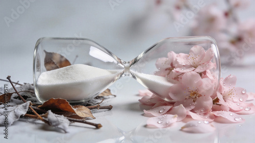 Hourglass with white sand amid pink cherry blossoms and dry brown leaves on reflective surface. Symbol of time passing and seasonal balance for spring equinox renewal and nature transition