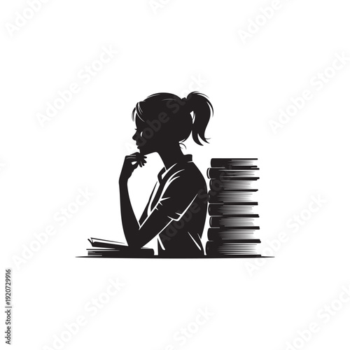 Silhouette of a pensive woman sitting with an open book and a stack of books, deep in thought