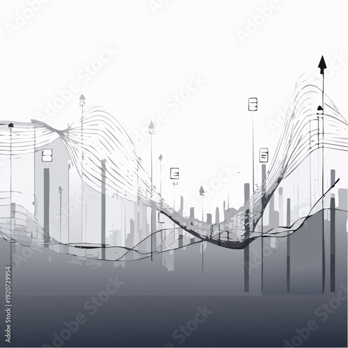 Abstract digital cityscape with fluctuating financial graph lines and upward trending arrows indicating growth and progress in a monochrome palette