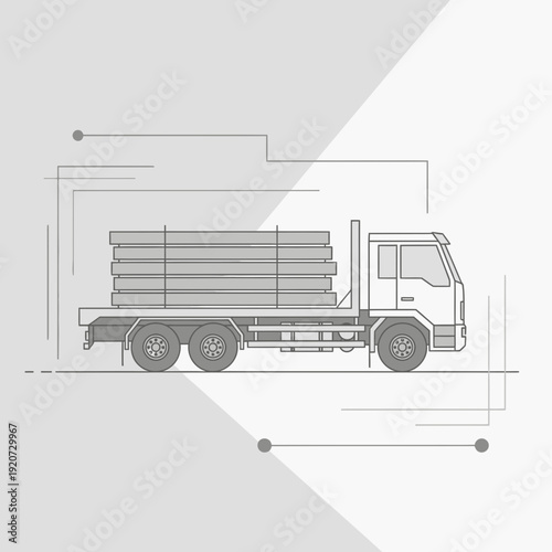 Industrial Delivery Truck Hauling Steel Beams Construction Logistics Blueprint Style
