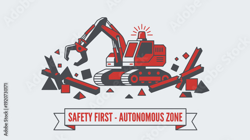 Industrial Excavator Demolishing Structures with Safety Beacon Active Minimalist