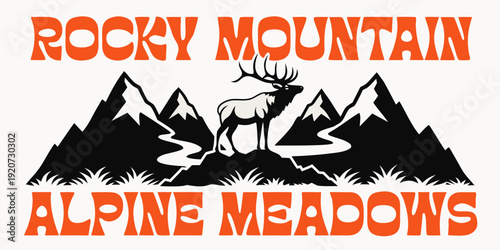 USA, US, U.S, United States - Rocky Mountain Alpine Meadows Poster – Bold Elk Silhouette with Mountain Peaks in a Rugged Outdoor Wilderness Design
