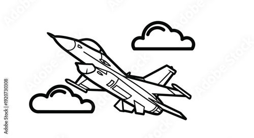 Military Fighter Jet Aircraft Flying Across Sky Among Clouds Icon Art
