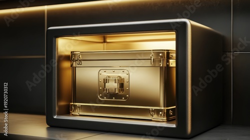 A gleaming gold safe containing a metallic storage box with high-tech features and bright lighting