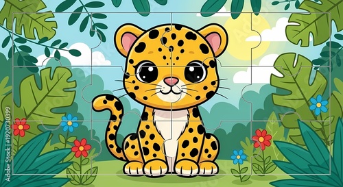 Adorable Cartoon Baby Leopard Jigsaw Puzzle in a Vibrant Jungle Setting