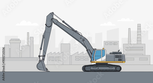 Industrial Excavator Machine On Construction Site With Factory Background