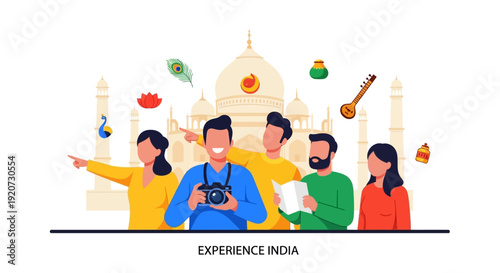 A group of diverse tourists exploring India, with the iconic Taj Mahal and various cultural symbols in the background.