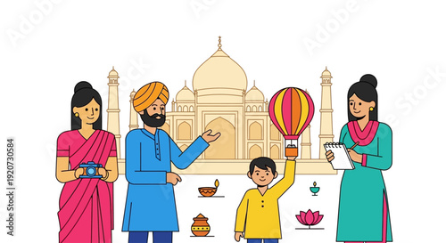 A diverse family enjoying a cultural tour in front of the Taj Mahal, with a hot air balloon symbolizing adventure and exploration.